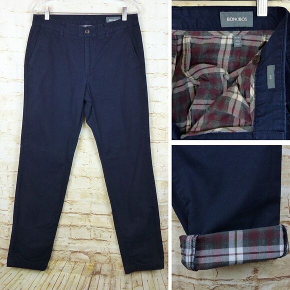 Bonobos Plaid Flannel Lined Chino Mens 31X30 Slim Navy Blue Pant Preppy Golf Dad